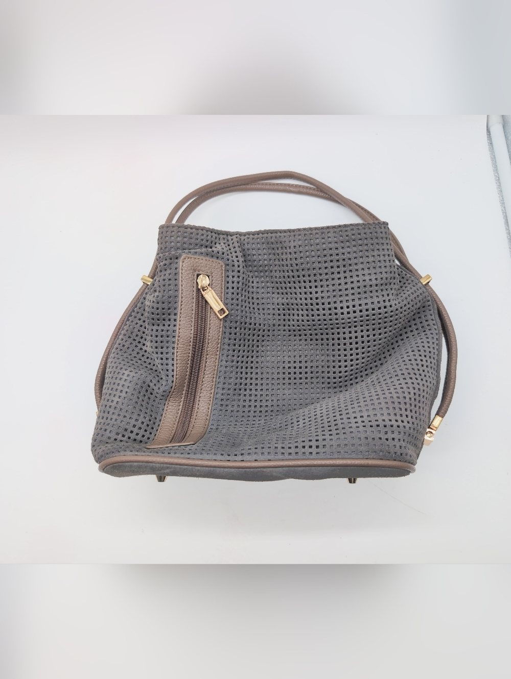 Samoe Convertible Strap Gray Tan Perforated Leather Tote Feed Bag